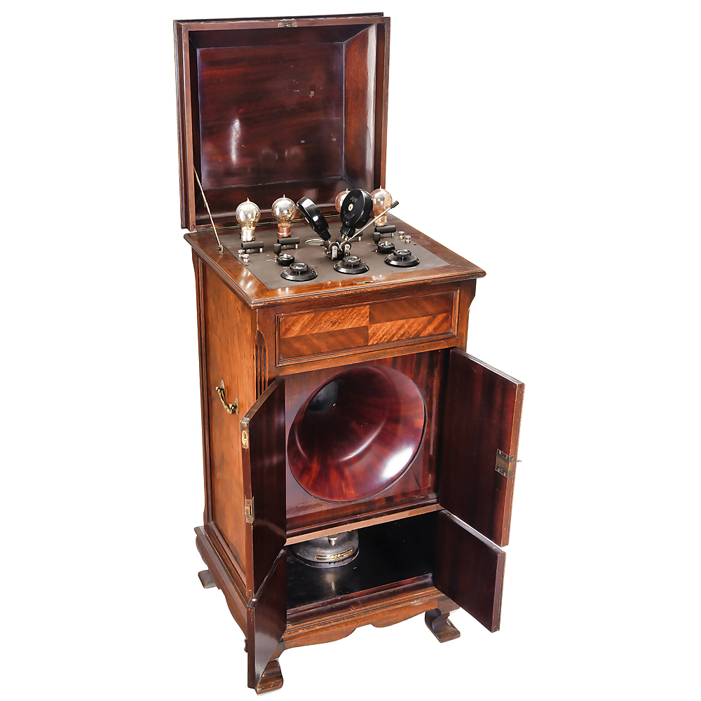 A.J.S. Pedestal Model De-Luxe Radio with Internal Horn Loudspeaker, c. 1924