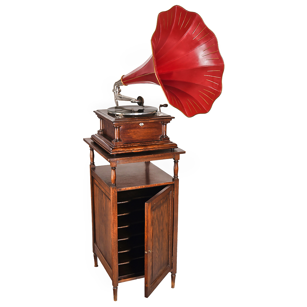 Victor Horn Gramophone with HMV Disc Cabinet, c. 1905
