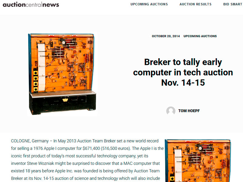 Breker to tally early computer in tech auction 